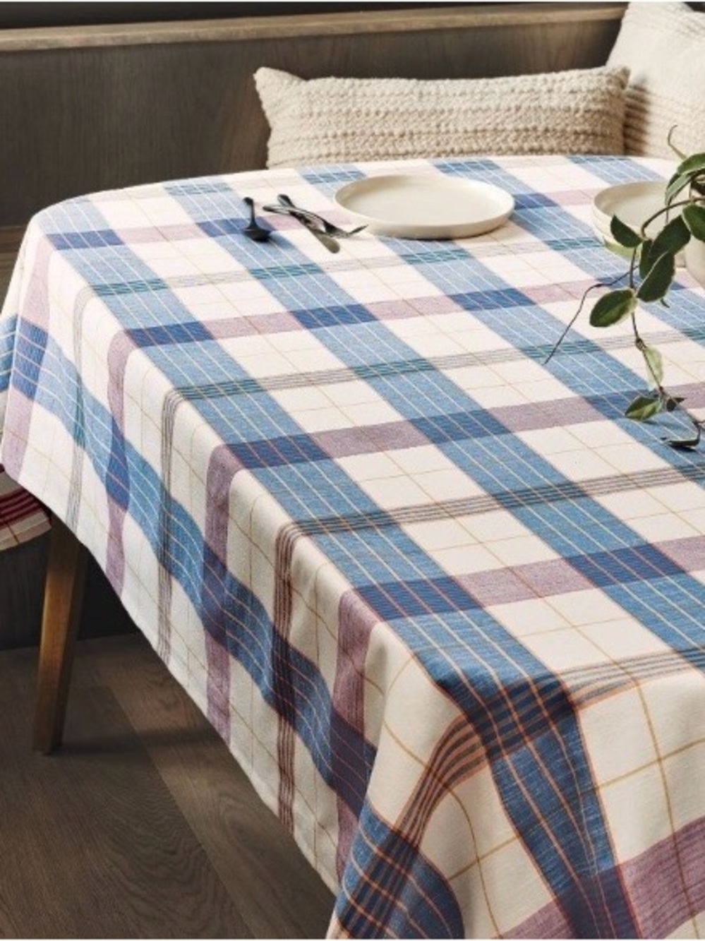 Threshold Rectangular Tablecloth in Cream & Blue Plaid - Picture 4 of 5
